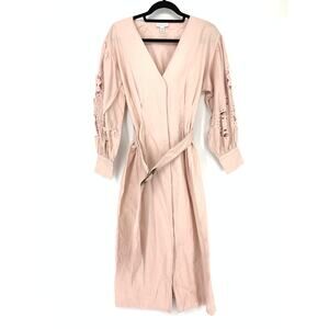Topshop Women's Size 6 Cutwork Long Sleeve Midi Dress Belted Waist V-Neck Pink